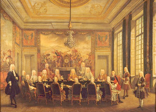 Conseil de Philippe II d'Orléans au Palais-Royal - À droite, le cardinal de Fleury